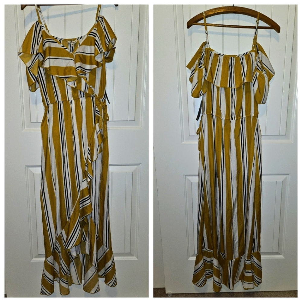 NWT Mustard Yellow Striped Maxi Dress with Cold Shoulder Faux Wrap Ruffle Medium
